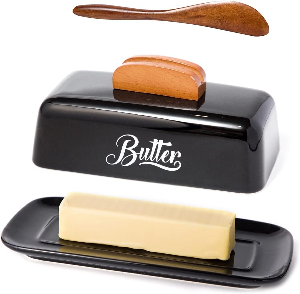 Black Butter Dish with Lid and Knife，Black Butter Tray，Ceramic Butter Holder for Counter Humanized Clamp-able Knife Handle Design Perfect for East West Coast Butter