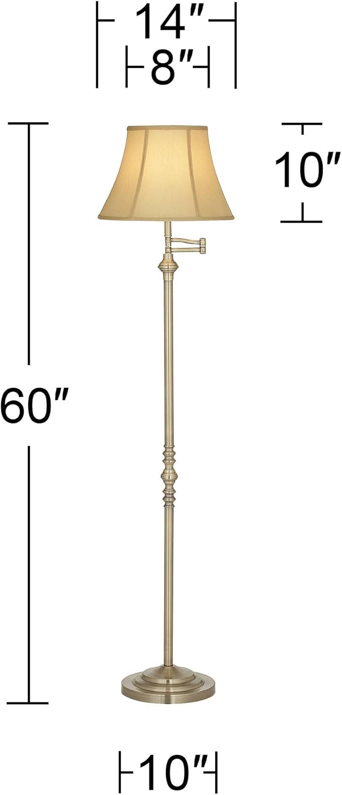 Regency Hill Montebello Traditional Adjustable Swing Arm Floor Lamp Standing 60" Tall Antique Brass Metal Column Golden Tan Bell Shade for Living Room Reading House Family Bedroom Home