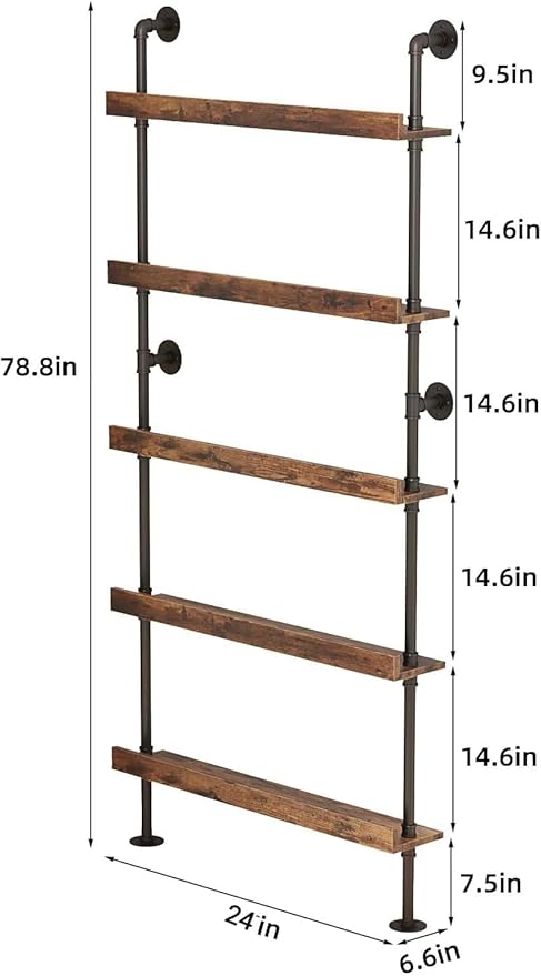 5-Tier Wall Mounted Wine Rack, Industrial Pipe Bar Shelf for Wine Bottle Storage, Industrial Pipe Shelves Shelf Shelving for Home Bar Dining Room Kitchen (23.6" W x 79" H x 8.6" D)