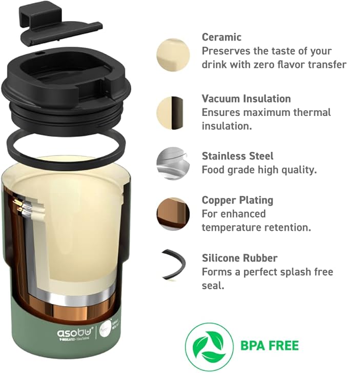 asobu Travel Mug Ceramic Coated Stainless Steel Insulated with Leak and Spill Proof Lid – Fits Standard Cup Holders 12 oz Tumbler (Basil Green)