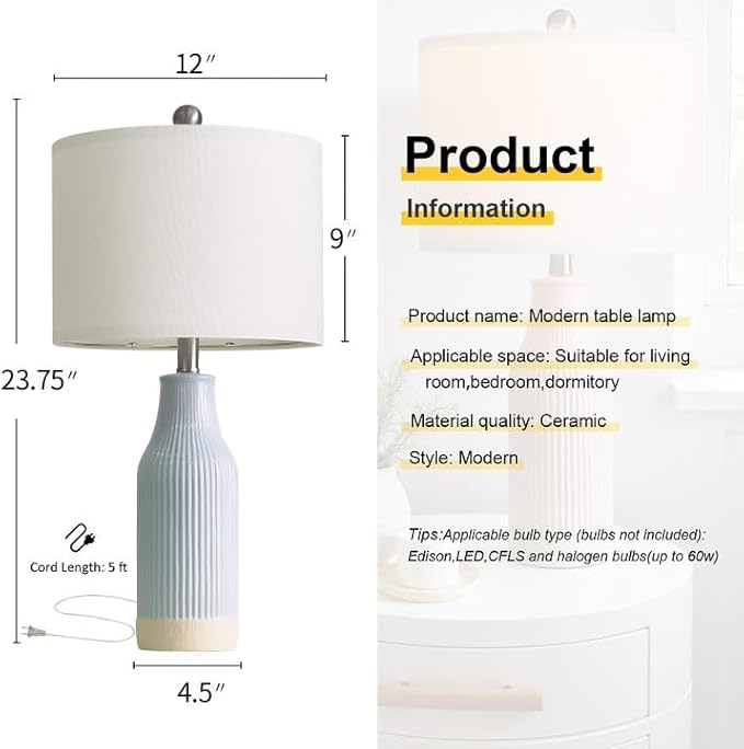23.75inch Light Blue Modern Ceramic Bedside Lamp Set of 2 for Bedroom Decor Farmhouse Table Lamp for Living Room Office Dorm