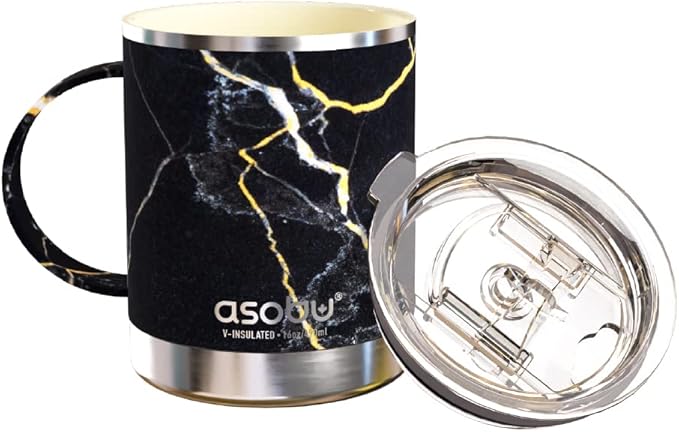 asobu Ultimate Stainless Steel Ceramic Inner Coating Coffee Mug with Double Walled Copper Lining Insulation, 12 Ounces (Midnight Marble)