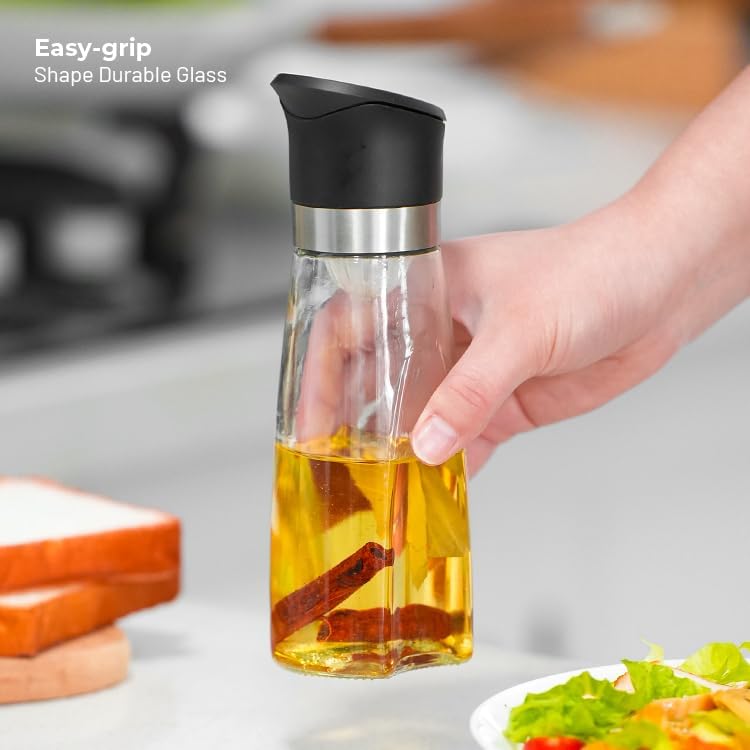 Premium Glass Olive Oil and Vinegar Dispenser Bottles Set, 2-Piece Kitchen Cooking Cruet with Auto-Open Lid, Non-Drip Pouring Spout, Oil Infuser Filter, Dishwasher Safe (White 16oz)