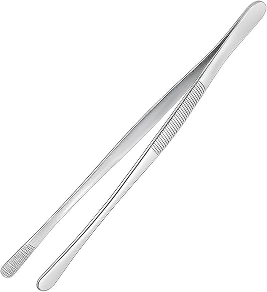 12-inch Stainless Steel Cooking Tongs & Tweezers, Non-Slip Grip & Serrated Tips for Grilling, Baking, Garnishing, BBQ, Kitchen & Craft Use (Round Tip)