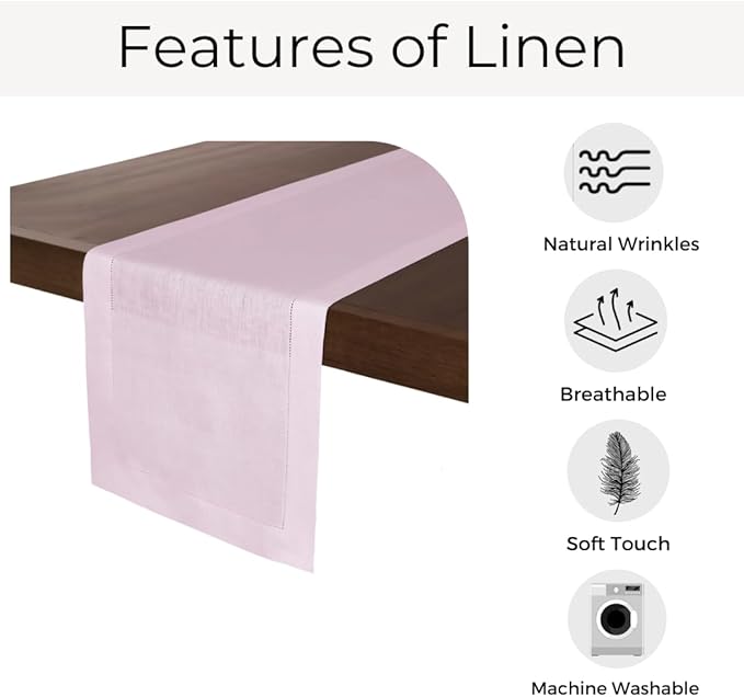 D'Moksha Homes Linen Pastel Pink Table Runner 48 Inches - Classic Hemstitch, 100% Pure Linen Coffee Table Runner 14 x 48 Inch Ideal for Dresser Tables - Winter, Christmas, Holiday, New Year