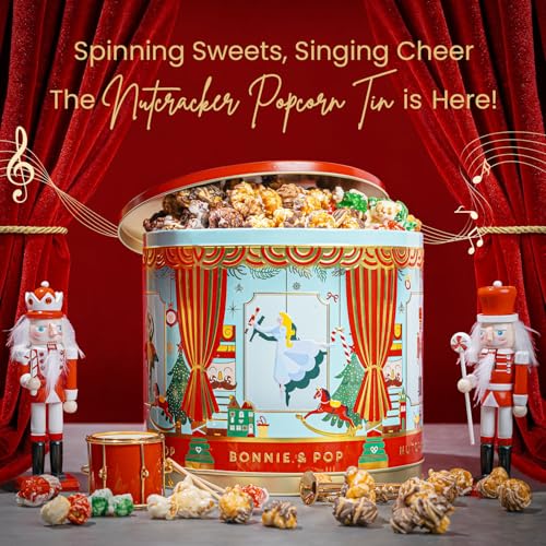 Christmas Popcorn Gift Tin - Gourmet Food Gifts - Plays Music - Chocolate & Popcorn Gift Tin, Holiday Basket - Nutcracker Suite- Bonnie and Pop