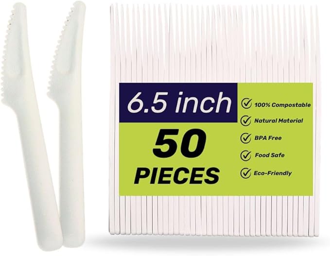 50 Packs Eco Bagasse Disposable Kinfe 6.5-Inch Cutlery Heavy-Duty Ideal Sugarcane Utensils, Parties, Events