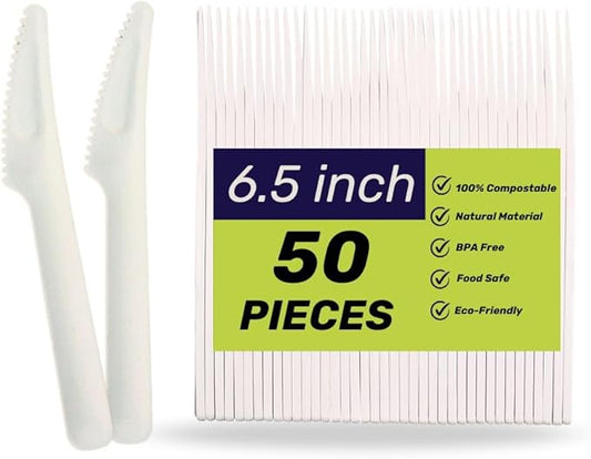 50 Packs Eco Bagasse Disposable Kinfe 6.5-Inch Cutlery Heavy-Duty Ideal Sugarcane Utensils, Parties, Events