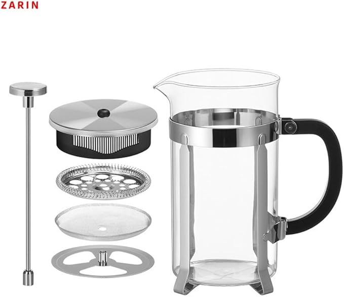 ZARIN 34oz (1L) French Press Coffee & Tea Maker – Durable Borosilicate Glass & Stainless Steel Press with 2 Bonus Filters – Portable Cold Brew Cafetière [Available in Silver Only]