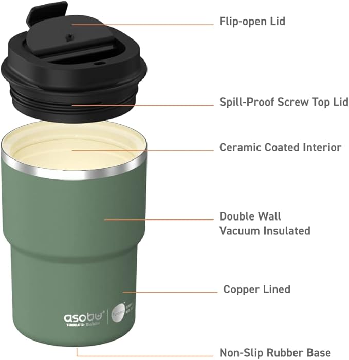 asobu Travel Mug Ceramic Coated Stainless Steel Insulated with Leak and Spill Proof Lid – Fits Standard Cup Holders 12 oz Tumbler (Basil Green)