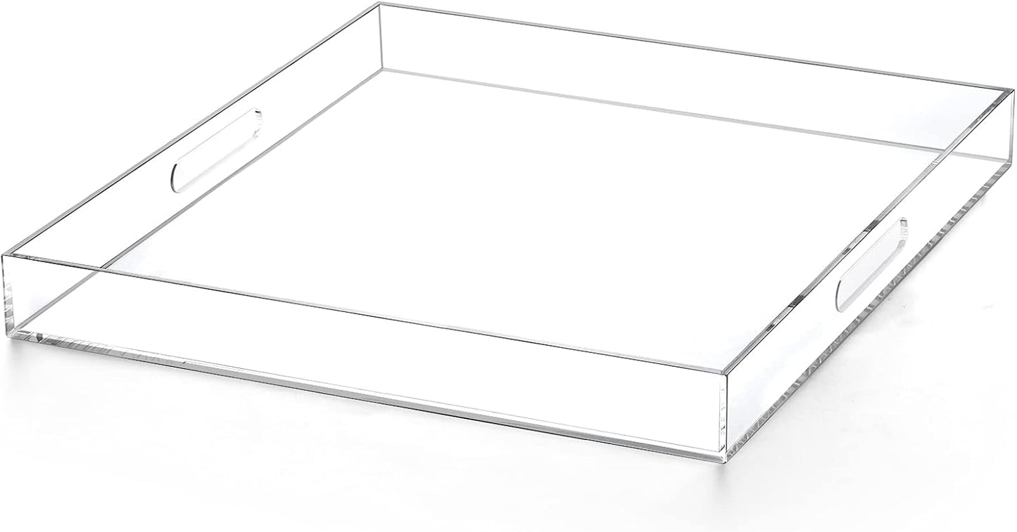 Extra Large Clear Acrylic Ottoman Tray with Cutout Handles 24x24 Inch Over-Sized King-Size Serving Tray Boot Organizer Decorative Tray for Living Room Bedroom,Bathroom and Kitchen Entryway