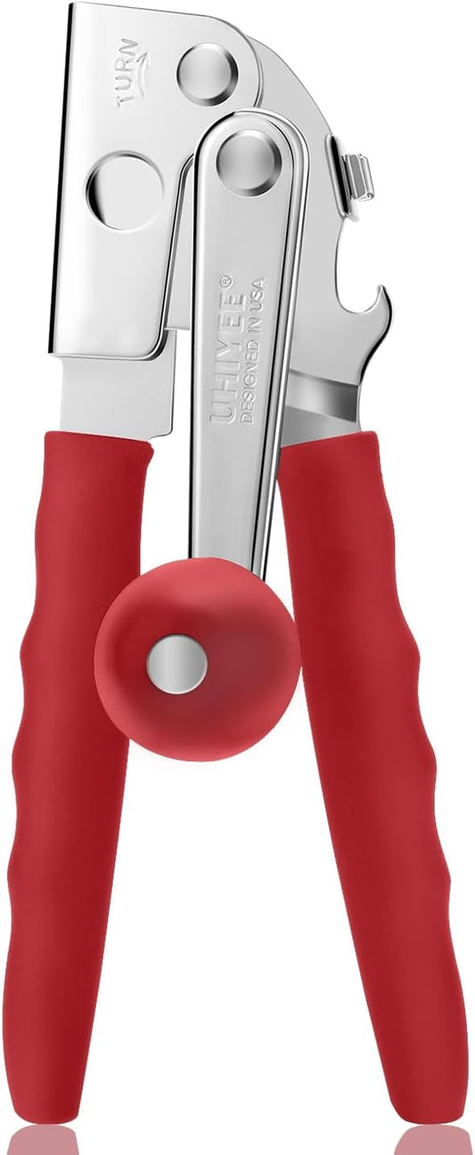Commercial Can Opener, UHIYEE Hand Crank Can Opener Manual Heavy Duty with Comfortable Extra-long Handles, Oversized Knob, Large Handheld Can Open Easy for Big Cans, Red