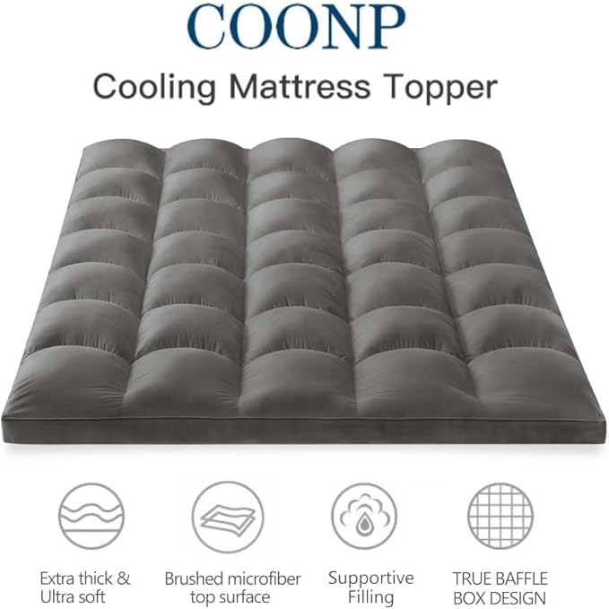 COONP Twin XL Mattress Topper, Extra Thick Pillowtop, Cooling Plush Mattress Pad Cover Bed Topper Protector with 8-21 Inch Deep Pocket (Grey, Twin XL)