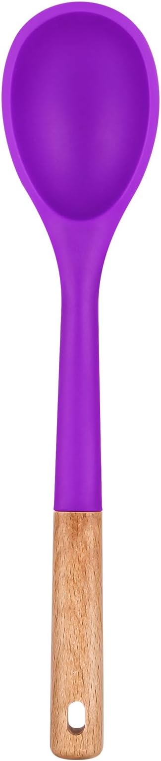 Large Silicone Cooking Spoons, Nonstick Solid Wooden Handle Spoon, Heat Resistan Silicone Kitchen Spoons for Cooking, Serving, Basting, Mixing, 13.2inch (BERRY)