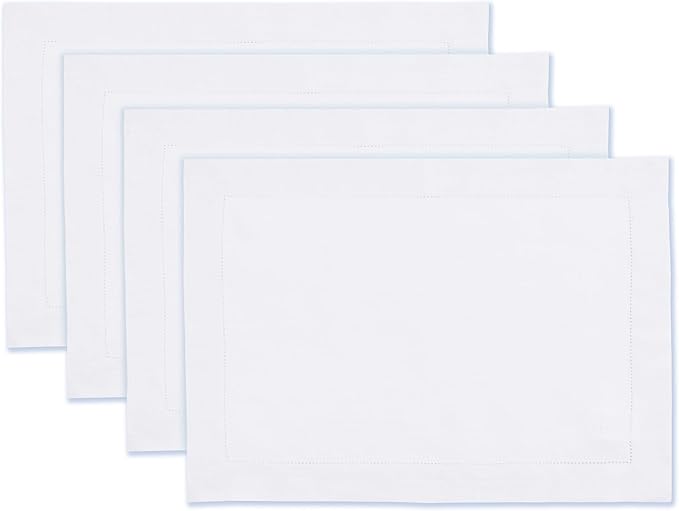 Home Ekaa 100% Pure Linen White Placemats 14 x 19 Inch- Hemstitch Cloth Placemats Set of 4 - for Christmas, Winter, Fall, Holiday & New Year - Elara