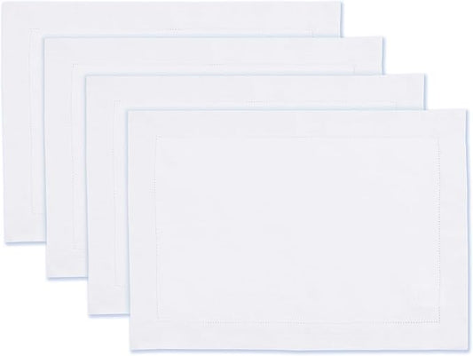 Home Ekaa 100% Pure Linen White Placemats 14 x 19 Inch- Hemstitch Cloth Placemats Set of 4 - for Christmas, Winter, Fall, Holiday & New Year - Elara