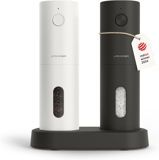 LARS NYSØM Electric Salt and Pepper Grinder Set, USB Rechargeable, Automatic Salt and Pepper Mills, Spice Shakers Refillable with LED Light, Adjustable Coarseness, Ceramic Grinder (Black/White)