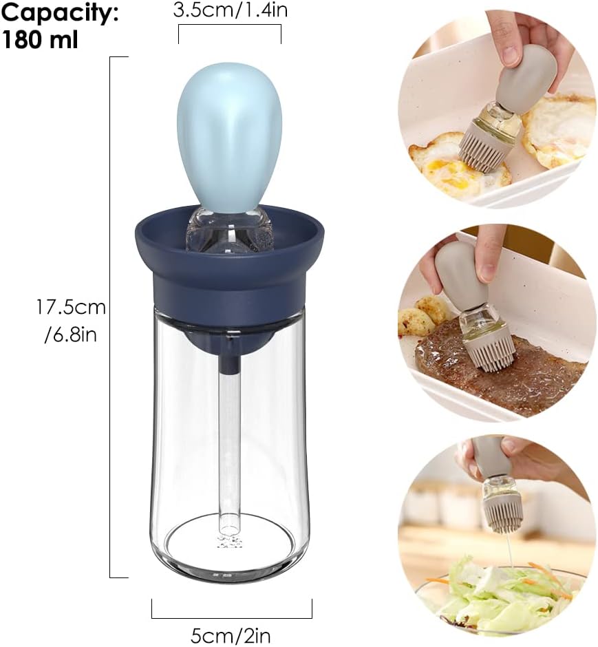 Oil Dispenser with Brush - 2 Pack Glass Olive Oil Dispenser Bottle with Basting Brush for Cooking Frying Baking Kitchen 180ml, T-OB21 Blue