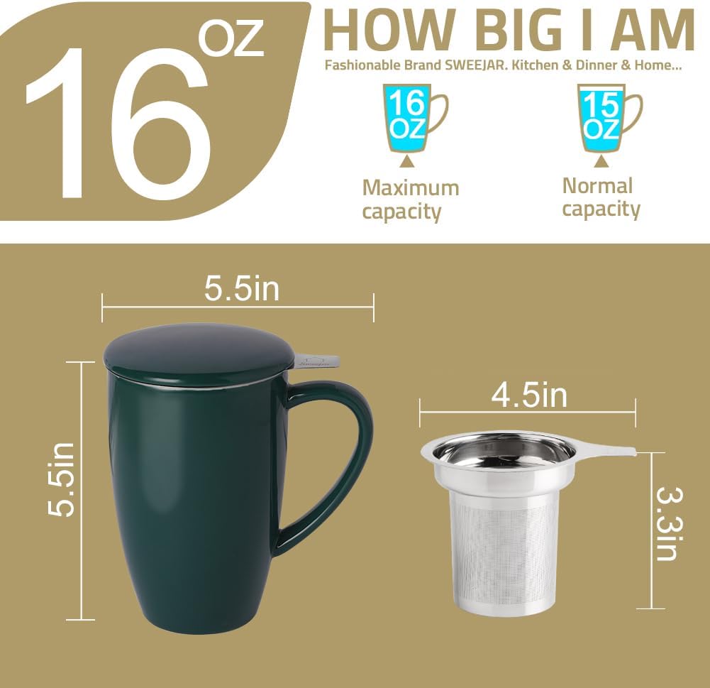 Sweejar Porcelain Tea Infuser Mug with Lid, 16 oz Teacup with Strainers for Loose Leaf Tea, Microwave and Dishwasher Safe Coffee Mug(Fog blue)