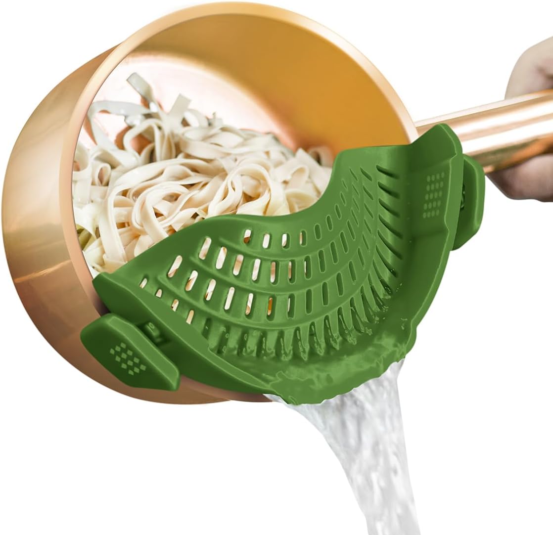 AUOON Silicone Clip on Strainer - Adjustable Strainers and Colanders for All Pots Pans and Bowls | Practical Kitchen Gadgets for Cooking and Draining (Matcha)