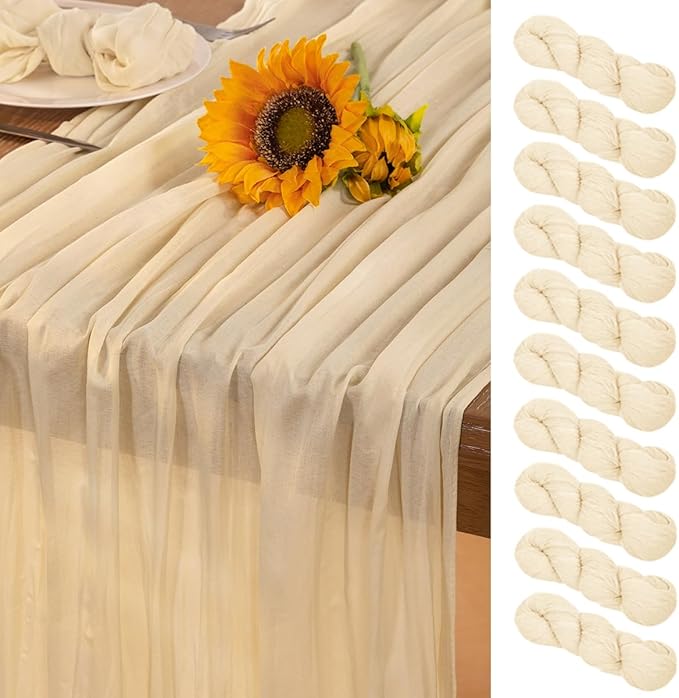 Beige Cheesecloth Table Runner 10 Pack Christmas Table Runners 120 Inches Boho Gauze Cream Cheese Cloth Table Decor for Xmas Holiday Season Parties Wedding Bridal Baby Shower