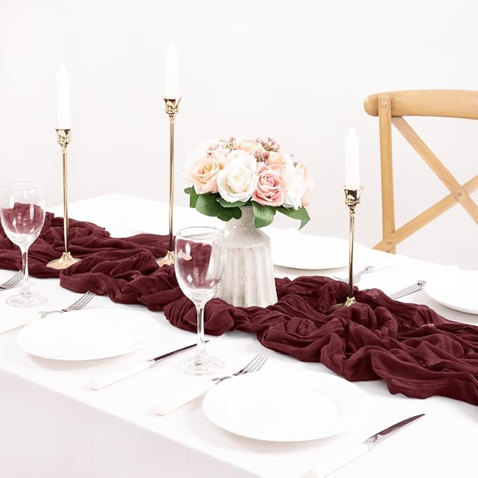 MLMC Burgundy Red Table Runner 10ft Rustic Gauze Wine Red Cheesecloth Table Runner Christmas Cheese Cloth Centerpiece 35x120 Inches for Wedding Bridal Shower Anniversary Valentine's Day Events Decor