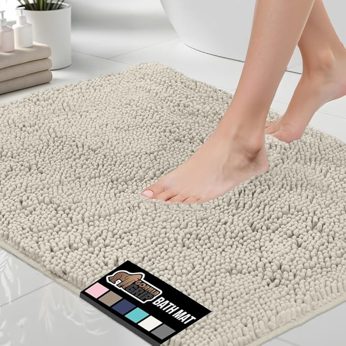 GORILLA GRIP Bath Rug Mat 44x26, Soft Absorbent Chenille, Quick Dry Microfiber Mats, Rubber Backing Washable Shower Floor Rugs, Bathmat Runner, US Designed Bathroom Home Decor Accessories Ivory Cream
