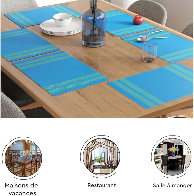 Encasa XO Dining Placemat Set of 6 | Solid Ladder Turq Blue Color | Fine Ribbed Cotton Table mat | Size 18x13 in |for Dining Table Fall Decoration, Holiday & Christmas Festivals - Machine Washable