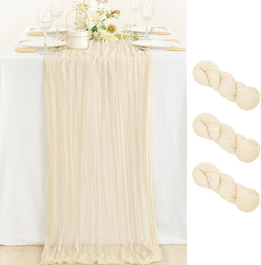 MLMC 3 Pack Beige Cheesecloth Table Runner 10ft Rustic Boho Gauze Cream Table Runner Bulk Winter Decor 35x120 Inches for Wedding Bridal Baby Shower Party Decor