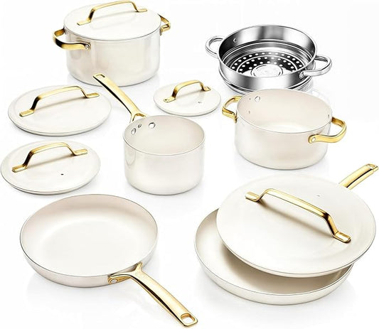 Gotham Steel Modern 11 Pc Ceramic Cookware Set, Elegantly Designed Pots and Pans Set Non Stick with Steamer, Induction Bottom, Premium Stay Cool Handles, Non Toxic PFOA Free, Oven & Dishwasher Safe