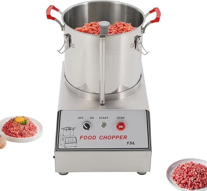 Stainless Steel Commercial Food Processor, 1400W Electric Food Chopping Machine, 3.96Gal Capacity, Food Cutter with Safety Lock, Detachable Barrel and Blades for Easy Cleaning