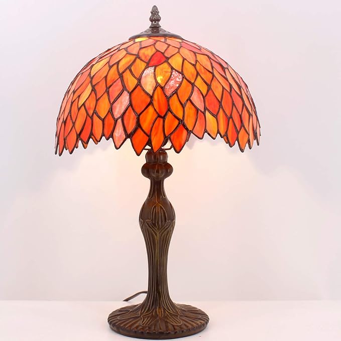 WERFACTORY Tiffany Lamp Stained Glass Table Lamp Red Wisteria Style Desk Bedside Reading Light 12X12X18 Inches Deco Bedroom Living Room Home Office S523R Series (A)