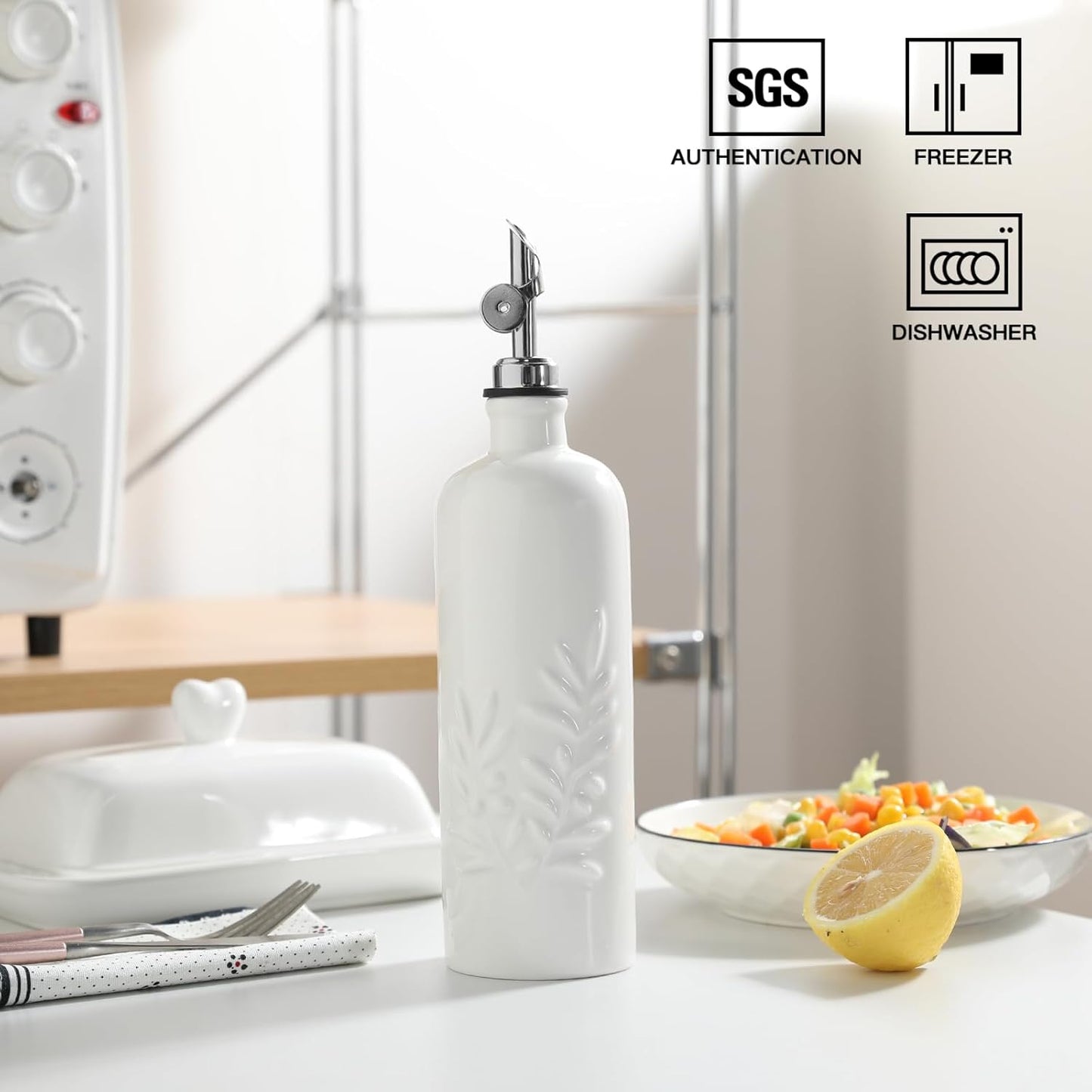 Sweejar 18 Oz Oil Dispenser for Kitchen with Gravity Spout, Ceramic Olive Oil Dispenser Bottle, Relief Opaque Vinegar Container for Evoo, Vinegar, Soy Sauce, Pack of 1(White, Silver Spout)