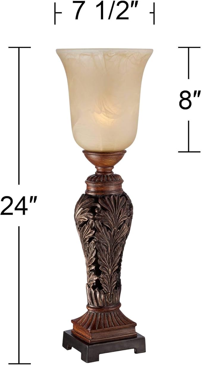 Regency Hill Traditional Accent Table Lamp 24" High Double Bronze Brown Carved Leaf Uplight Alabaster Glass Shade for Bedroom Living Room Nightstand Bedside Night Stand Office Kids Room