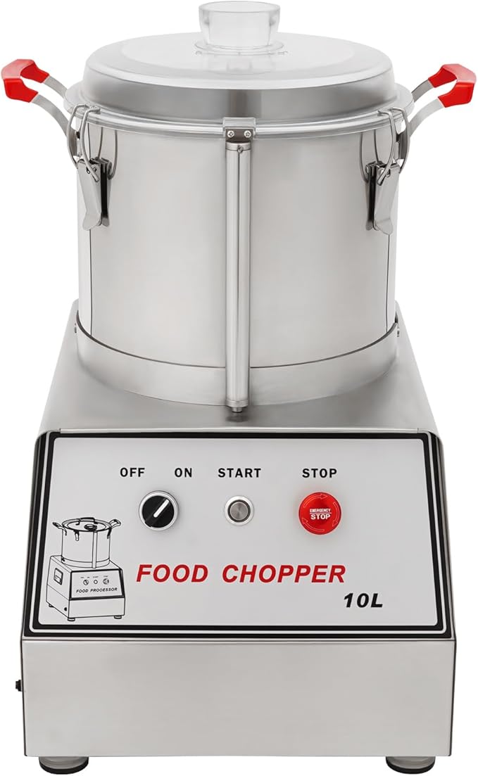 Commercial Food Processor 1100W 110V Electric Food Chopping Machine 10L/2.64Gal Stainless Steel Food Processor with Handles and Clear Lid for Restaurant Cafeteria, Silver