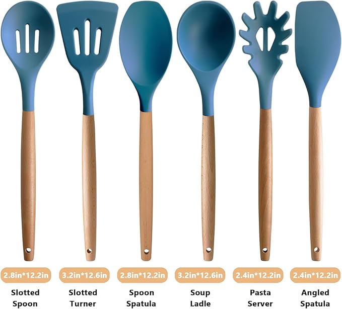 Silicone Cooking Utensils Set 6Pcs Heat Resistant Silicone Kitchen Utensils Set for Cooking Spatula Spoon Turner Ladle w Wooden Handle, BPA FREE Kitchen Gadgets for Nonstick Cookware & Baking