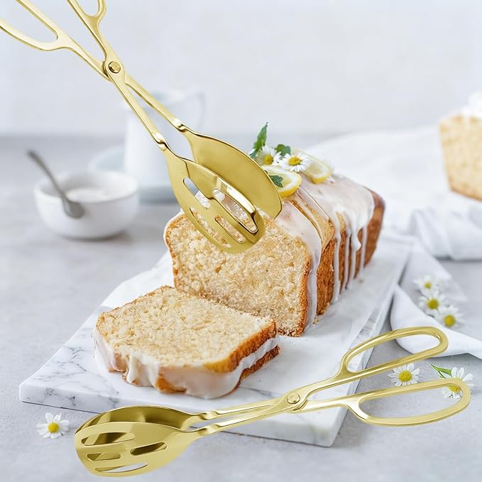 2 Pieces Salad Tongs Stainless Steel Kitchen Scissors for Food, Catering Utensil for Bread Cake Bake Steak Barbecue for Kitchen Serving and Cooking(Gold)