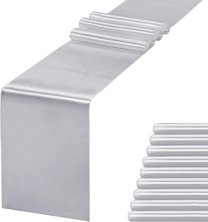 10 Pack Silver Table Runner 12 X 108 Inch Silk Table Runner for Party,Wedding, Birthday, Banquets,Decoration