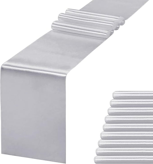 10 Pack Silver Table Runner 12 X 108 Inch Silk Table Runner for Party,Wedding, Birthday, Banquets,Decoration