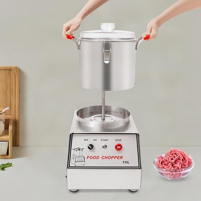 1100W Commercial Food Processor, 10L Stainless Steel Electric Food Chopper Machine, 1400RPM Grinder with Safety Lock & Clear Lid