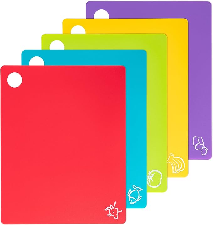 Flexible Cutting Boards with Hanging Hole, Food Icons - BPA Free, Non Slip for Meat & Veggies