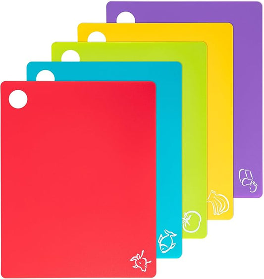 Flexible Cutting Boards with Hanging Hole, Food Icons - BPA Free, Non Slip for Meat & Veggies