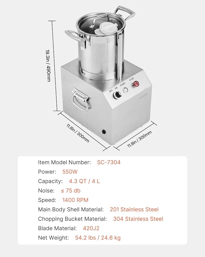 VEVOR Food Processor & Vegetable Chopper, 4.3 Quart Food-Grade Stainless Steel Food Processor Chopper with 2 Extra S-Curve Blades, Ideal for Chopping Vegetables, Fruit, Grains, Nuts