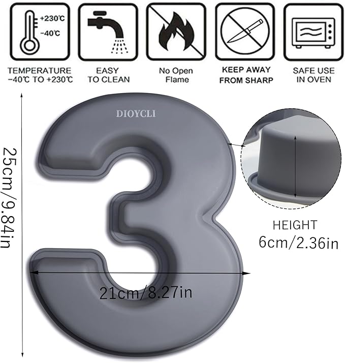 Dioycli Large Number Cake Pans for Baking 3D Cake Silicone Cake Mold DIY Personalized Cake Pan for Birthday and Wedding Anniversary Number 3 Cake Pan of 10 Inch