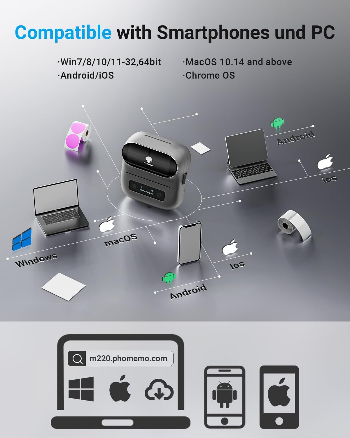 Phomemo M220 Label Maker, Bluetooth Barcode Label Printer, Thermal Sticker Maker Machine for Barcode, Address, Tag Labeling, Compatible with Phone & Laptop