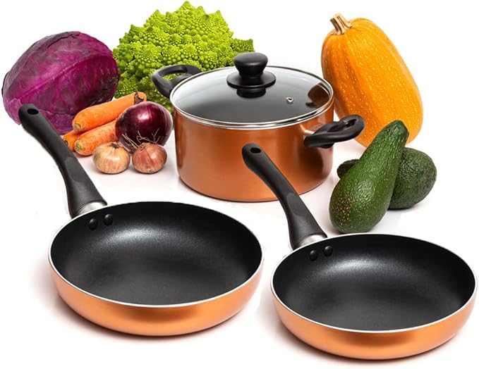 Moss & Stone 4 Peice Nonstick , Aluminum, Copper Pots and Pans Set with Glass Lid, Copper Cookware Set