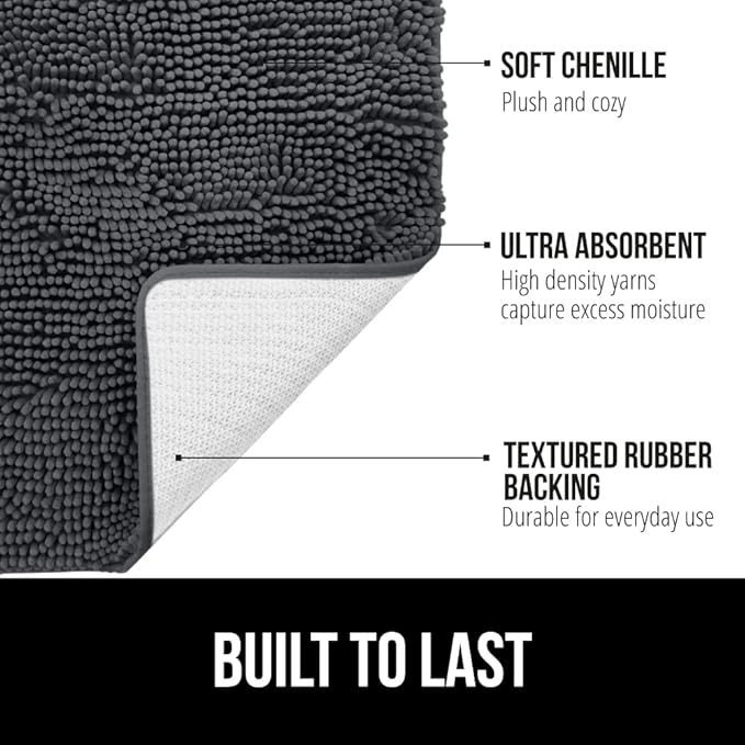 GORILLA GRIP Bath Rug Mat 60x17, Soft Absorbent Chenille, Quick Dry Microfiber Mats, Rubber Backing Washable Shower Floor Rugs, Bathmat Runner, US Designed Bathroom Home Decor Accessories Charcoal