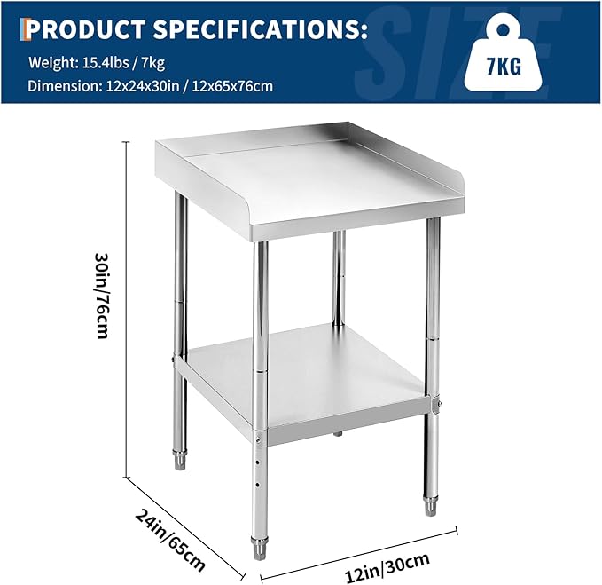 12x24x30 in Stainless Steel Equipment Grill Stand Table 400 LBS Capacity NSF Certified with Adjustable Legs, 2 in Edge Baffle, for Hotel, Home, Commercial Restaurant Kitchen