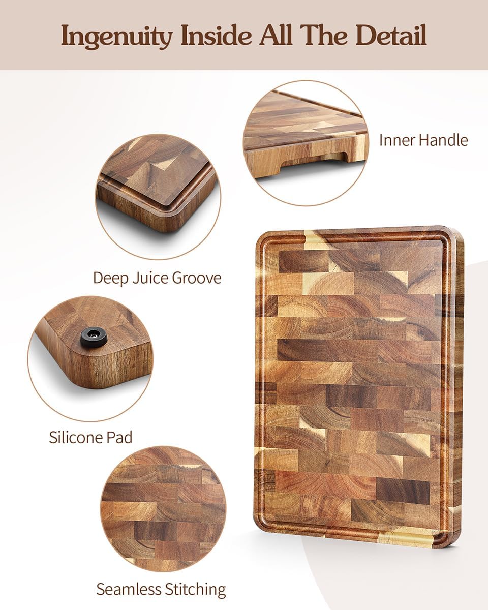 XINZUO Acacia Wood End Grain Cutting Board (13.8''L x 9.8''W x 1''T)-Wooden Chopping Board with Non-Slip Feet, Side Handles and Juice Groove