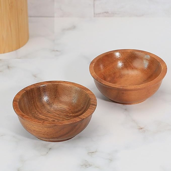 Acacia Wooden Bowls, 4 Inch Handcrafted Wood Serving Bowls Set of 2 for Sauce/Dips/Condiments, Mini Farmhouse Side Dishes with Natural Textured for Charcuterie Board/Appetizers